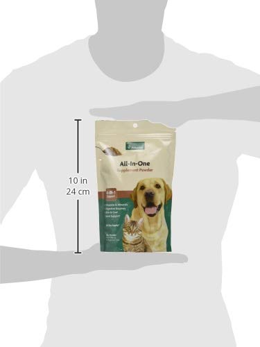 NaturVet All-in-One powder showing skin and coat nourishment benefits.