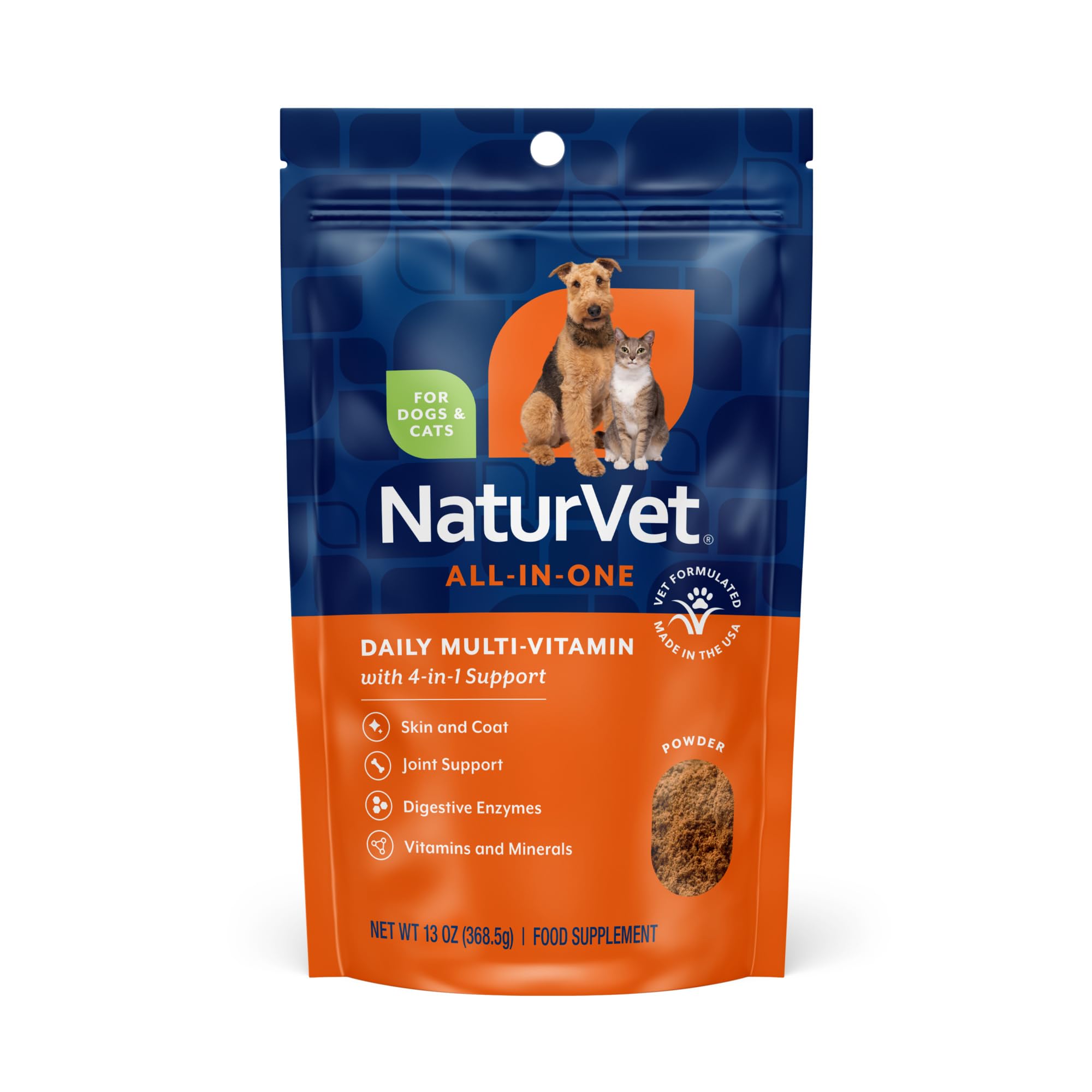 NaturVet All-in-One dog supplement tub closeup promotes joint support and overall wellness.