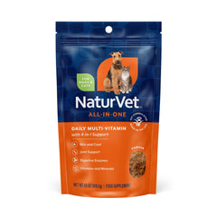NaturVet All-in-One dog supplement tub closeup promotes joint support and overall wellness.