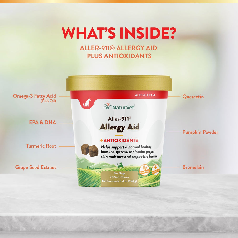 NaturVet Aller-911 DHA/EPA ingredients close-up emphasizes omega nutrition for coat health