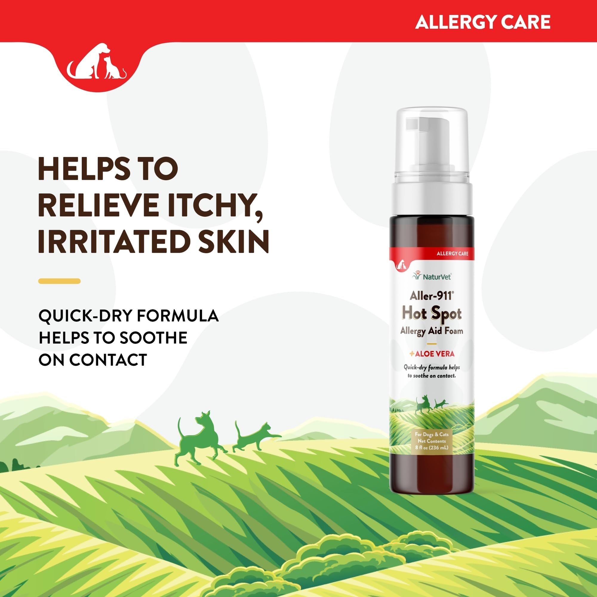 NaturVet Aller-911 foam application demonstrates easy spraying for relief.