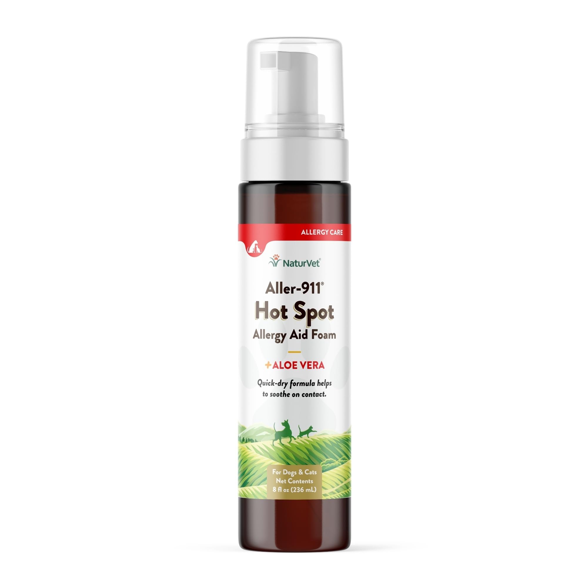 NaturVet Aller-911 hot spot foam bottle shows quick-apply topical relief for pets.