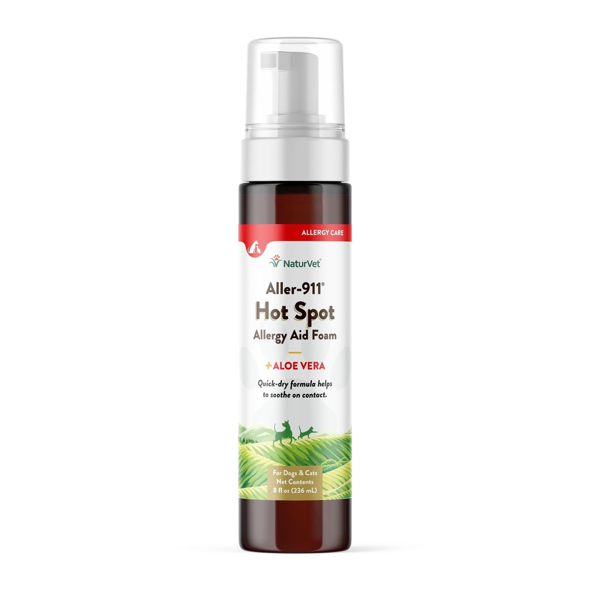 NaturVet Aller-911 hot spot foam bottle shows quick-apply topical relief for pets.