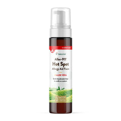 NaturVet Aller-911 hot spot foam bottle shows quick-apply topical relief for pets.
