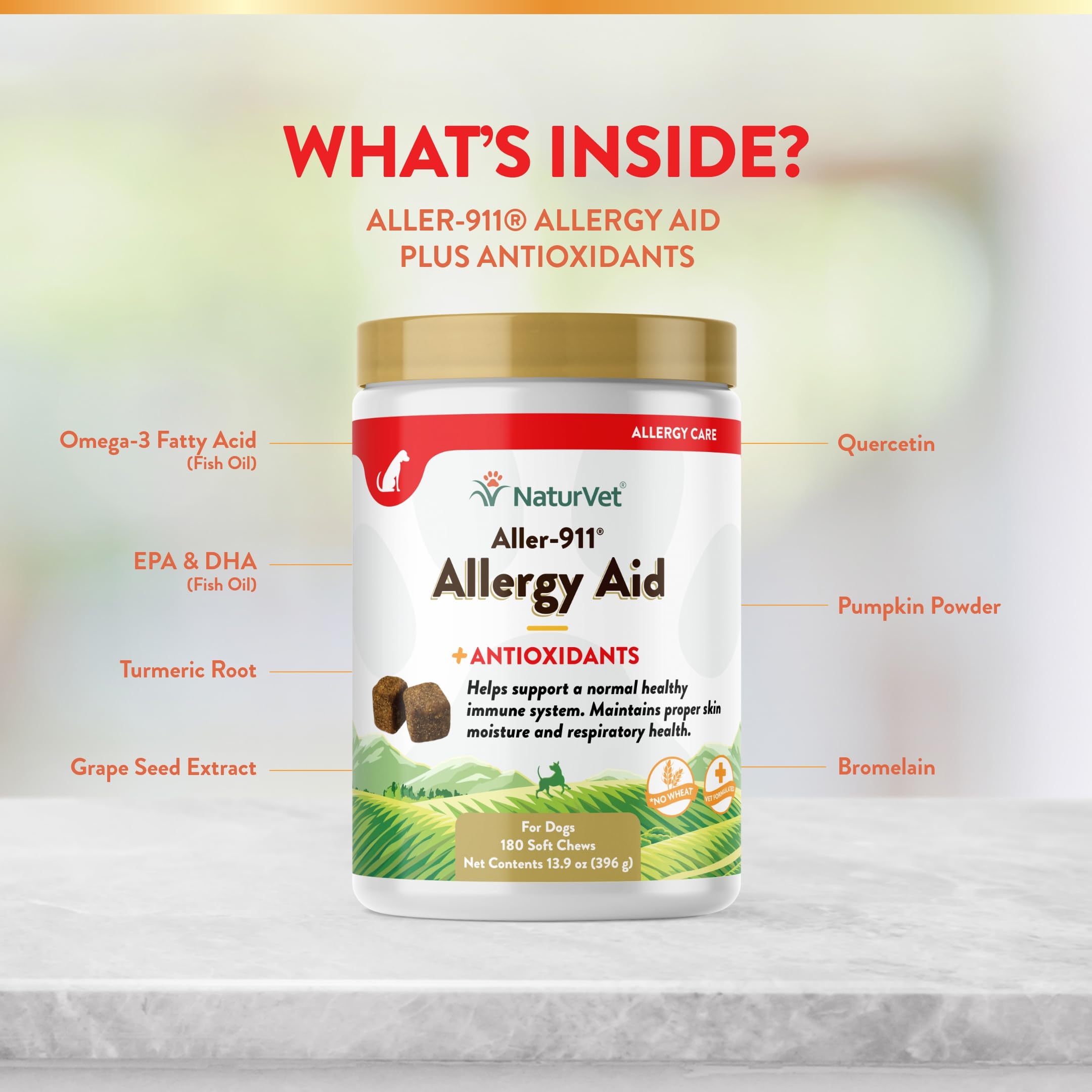 NaturVet Aller-911 ingredients close-up omega-3 icons highlighting DHA EPA benefits