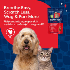NaturVet Aller-911 powder pictured with cat serving for seasonal comfort.