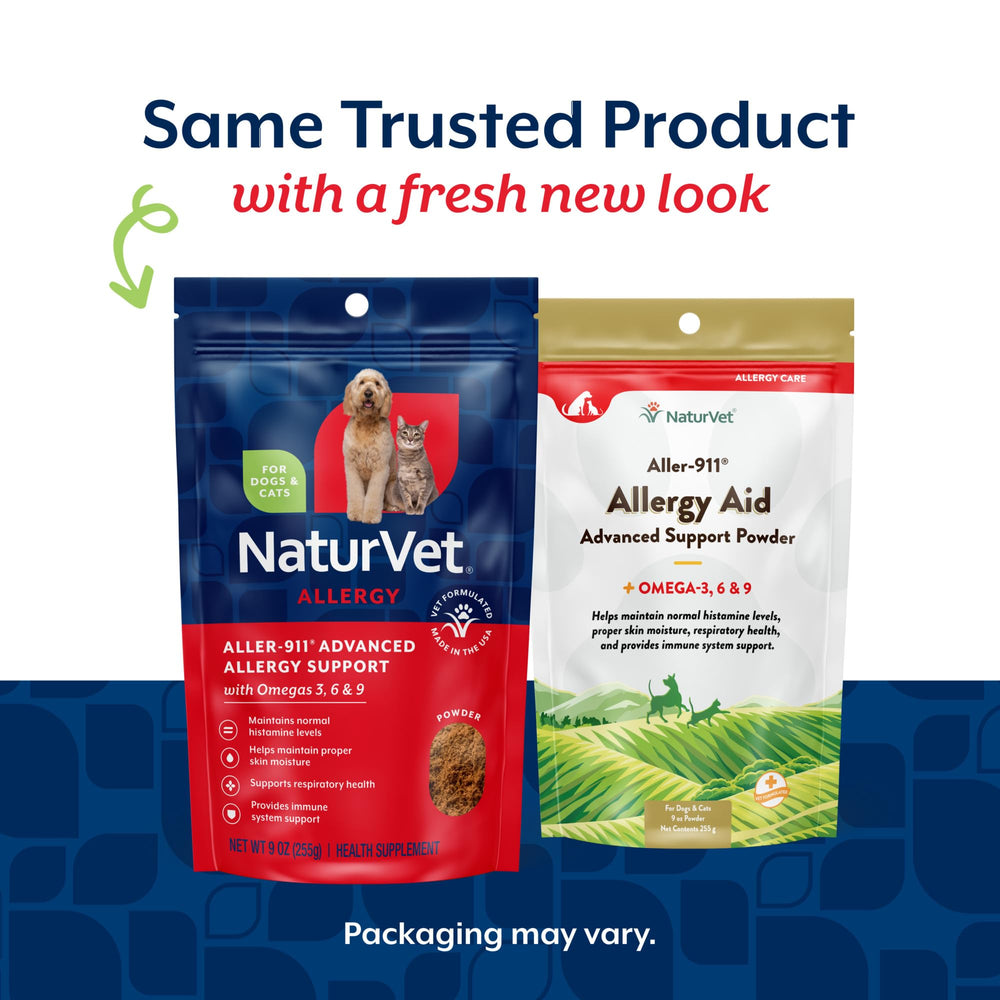 NaturVet Aller-911 powder pictured with dog serving, convenient daily allergy support.