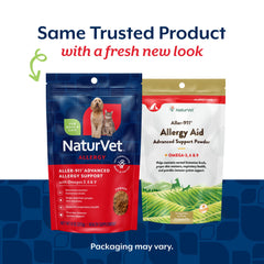 NaturVet Aller-911 powder pictured with dog serving, convenient daily allergy support.