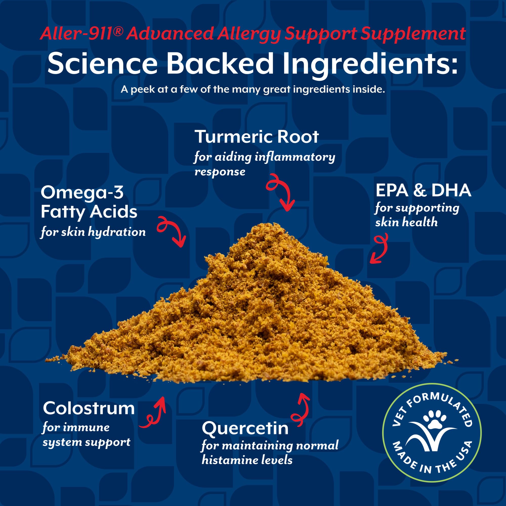 NaturVet Aller-911 powder ingredients panel highlights key antioxidants for wellbeing.