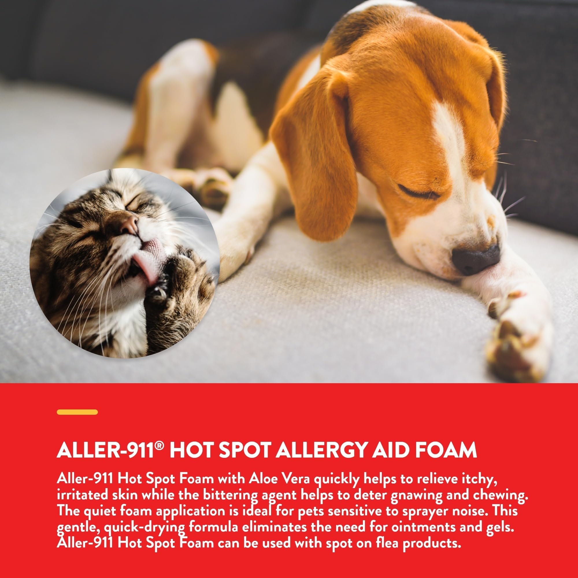 NaturVet Aller-911 quick-drying foam shown for fast drying after use.