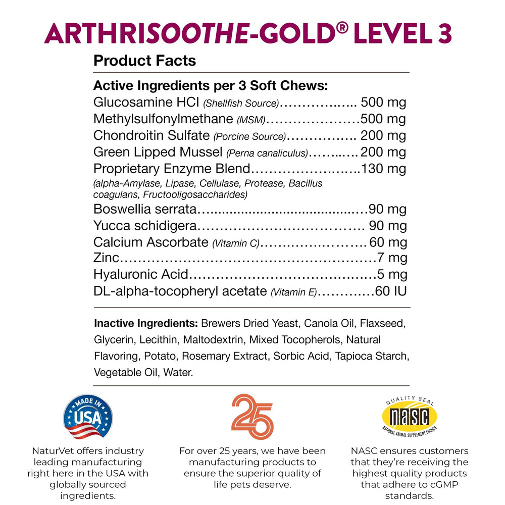 NaturVet ArthriSoothe-Gold 70-count jar supports daily joint care.