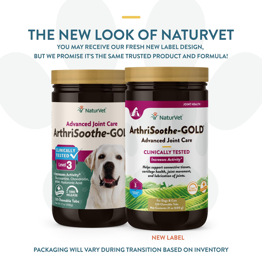 NaturVet ArthriSoothe-GOLD Level 3 chew tablets in tub support tasty daily joint care