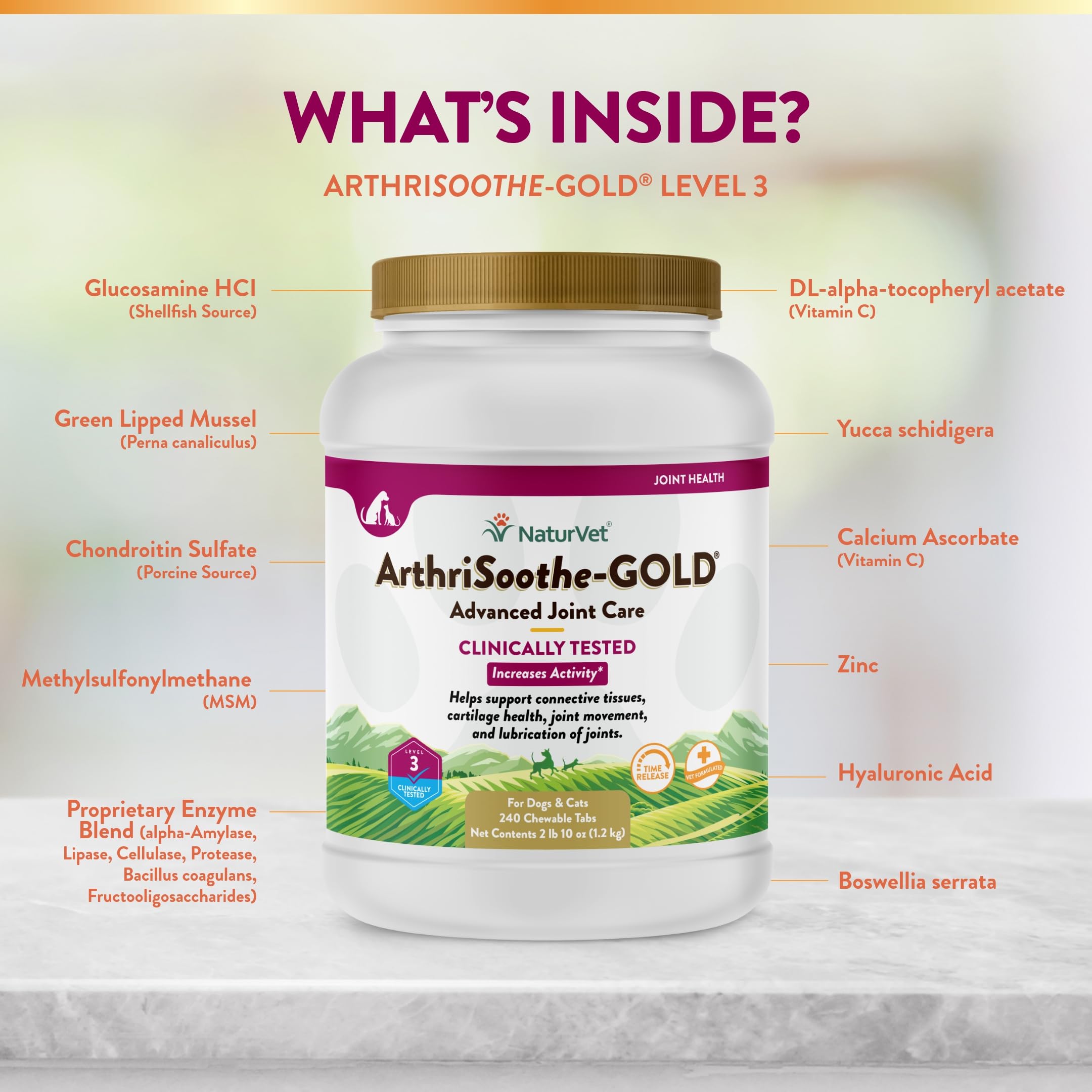 NaturVet ArthriSoothe-GOLD Level 3 packaging shows Made in USA badge.