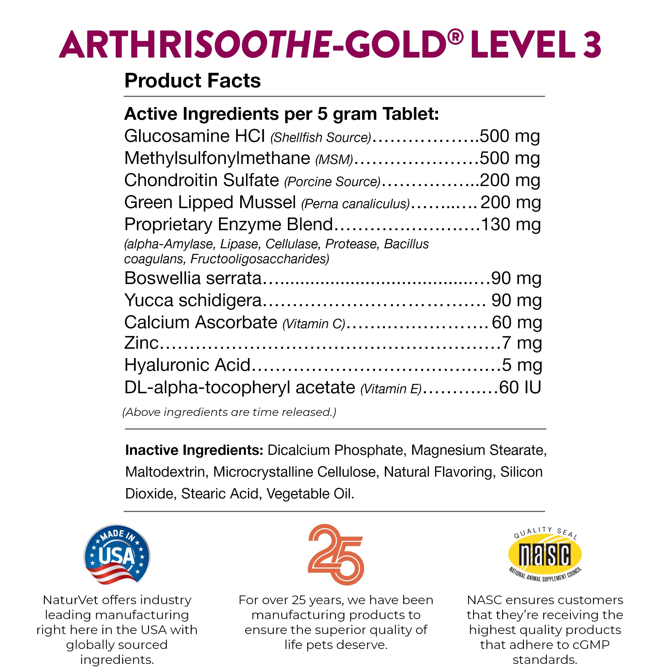 NaturVet ArthriSoothe-Gold Level 3 ingredients list featuring MSM and glucosamine