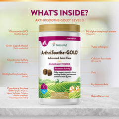 NaturVet ArthriSoothe-Gold bottle cap highlights hyaluronic acid for joint comfort.