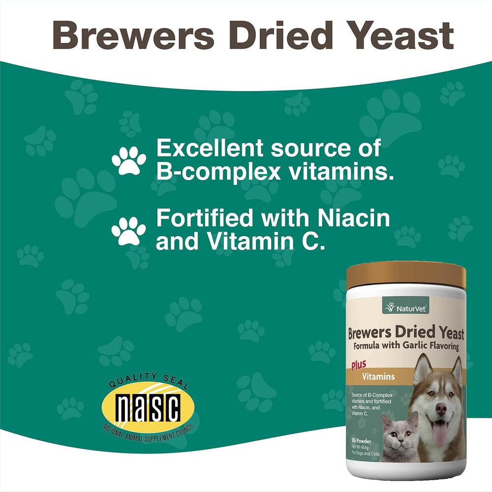NaturVet Brewers Dried Yeast powder being dispensed for easy meal mixing.