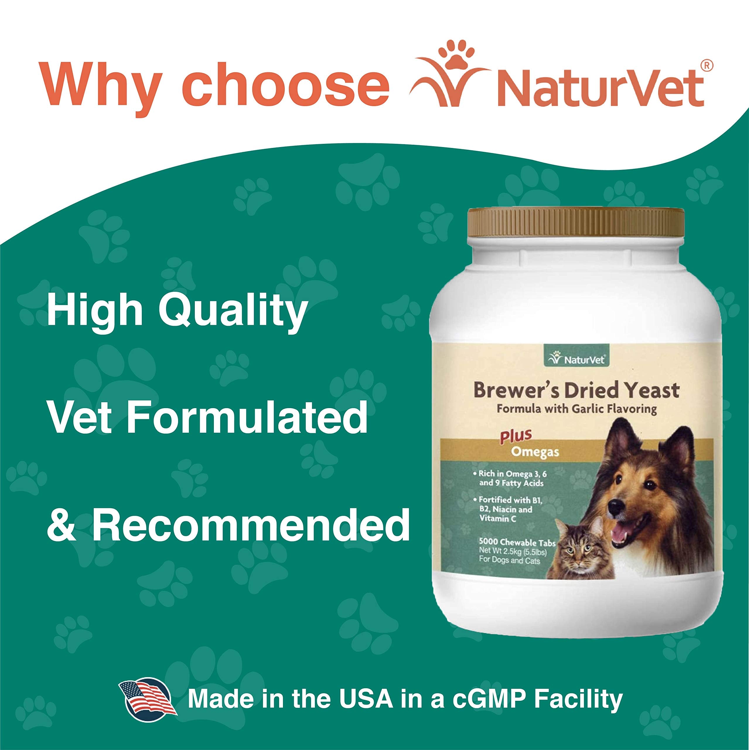NaturVet Brewer’s Dried Yeast Garlic tablets serving with dogs and cats; convenient daily supplement.