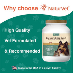 NaturVet Brewer’s Dried Yeast Garlic tablets serving with dogs and cats; convenient daily supplement.