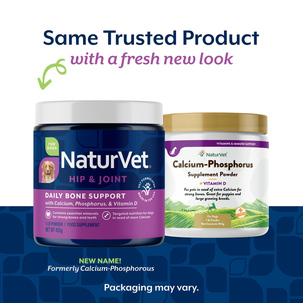 NaturVet Calcium-Phosphorus for Dogs label closeup highlights minerals and vitamin D