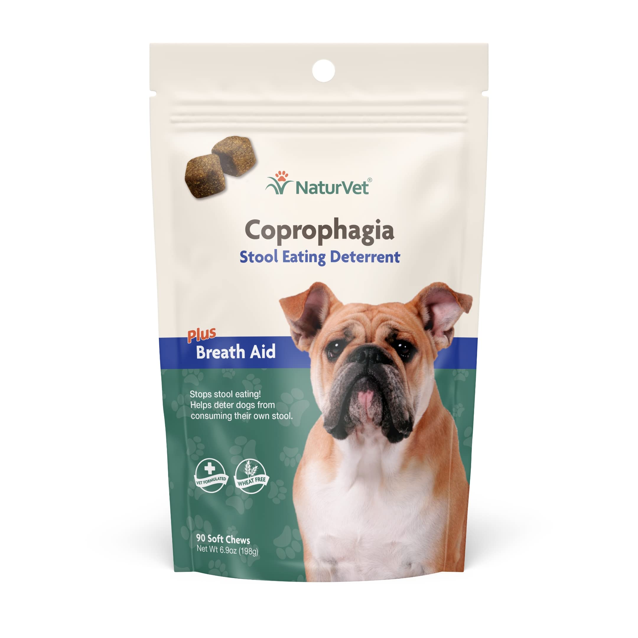 NaturVet Coprophagia Deterrent Soft Chews bottle with probiotics for stool deterrence.