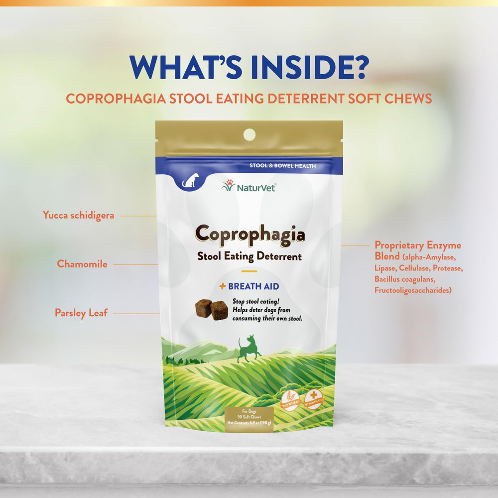 NaturVet Coprophagia Deterrent Soft Chews digestive support through enzymes and probiotics.