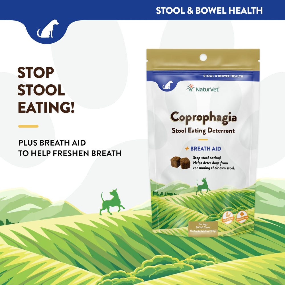 NaturVet Coprophagia Deterrent Soft Chews ingredient panel shows Yucca, Parsley, Chamomile.