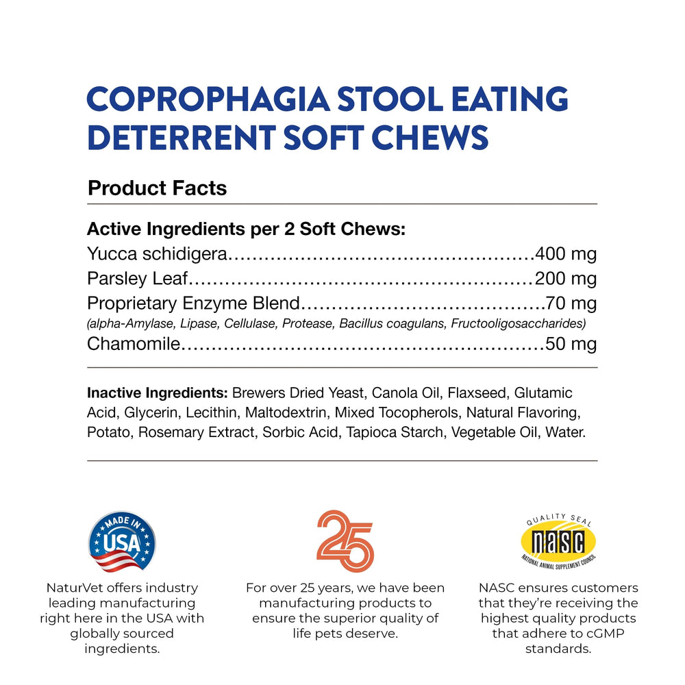 NaturVet Coprophagia Deterrent Soft Chews USA-made and cGMP compliant.