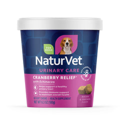 NaturVet Cranberry Relief Plus Echinacea bottle showcases soft chews for urinary health support.