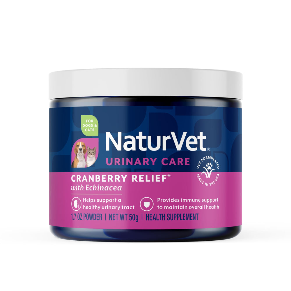 NaturVet Cranberry Relief Powder bottle for urinary tract and immune support.
