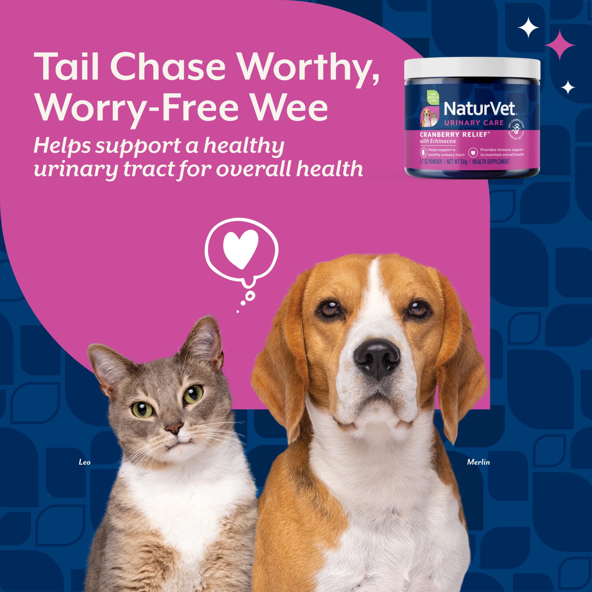 NaturVet Cranberry Relief Powder packaging shows label with echinacea and usage notes.