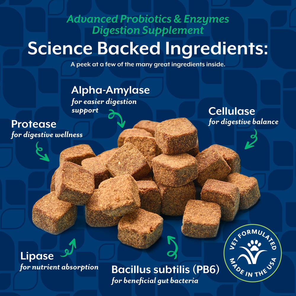 NaturVet digestive balance chews shown with enzymes for smoother digestion
