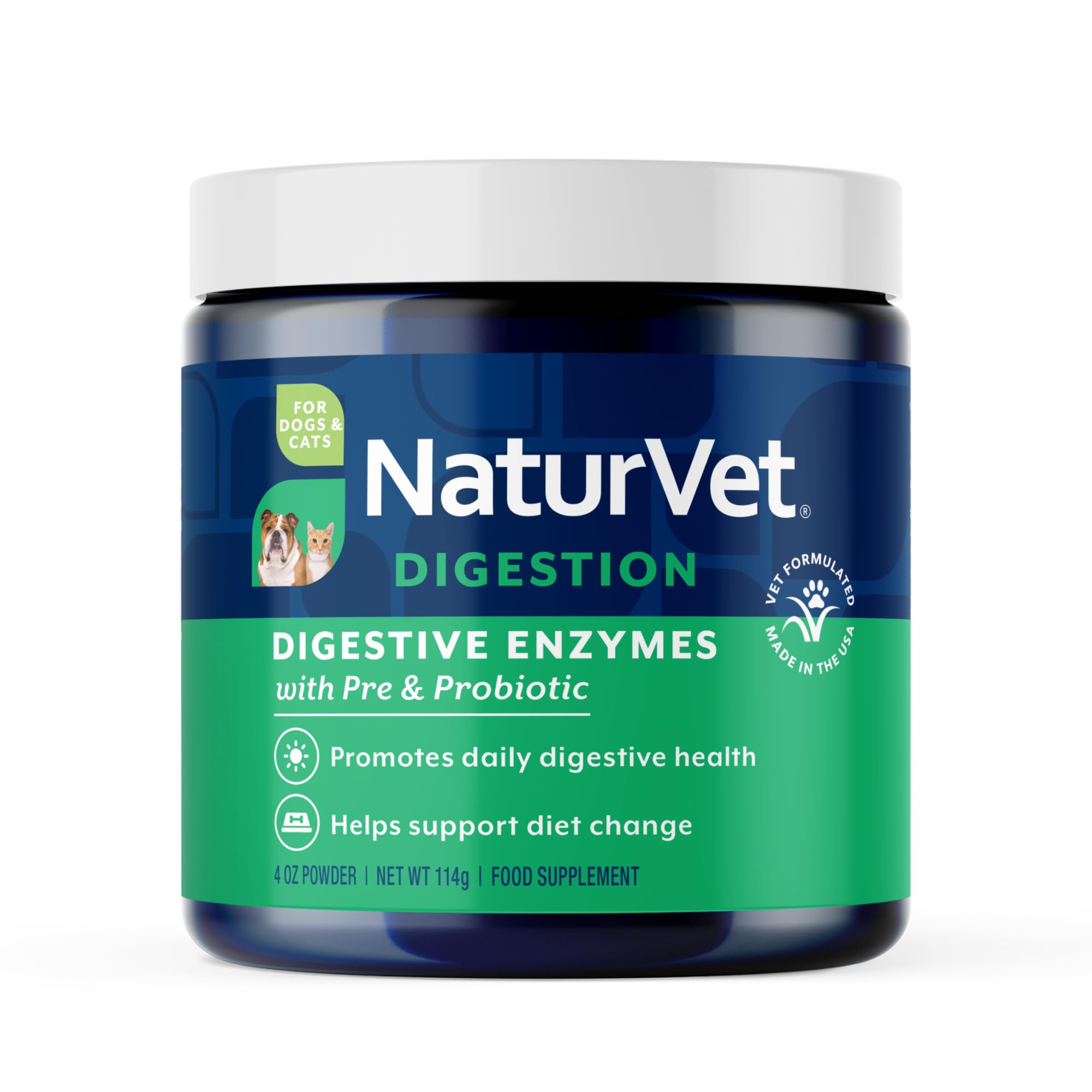 NaturVet digestive enzymes dogs powder bottle; supports healthy digestion with plant-based enzymes.