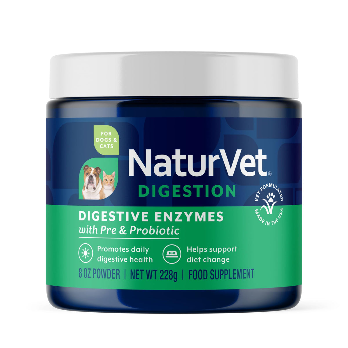 NaturVet digestive enzymes powder jar promotes digestion support during diet changes.