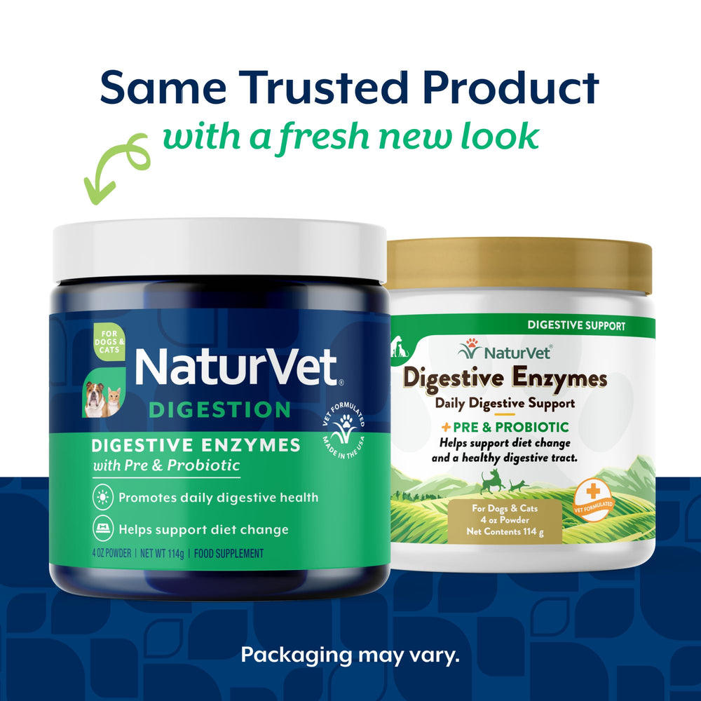 NaturVet digestive enzymes dogs powder label close-up; probiotic blend aids normal digestion.