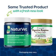 NaturVet digestive enzymes dogs powder label close-up; probiotic blend aids normal digestion.