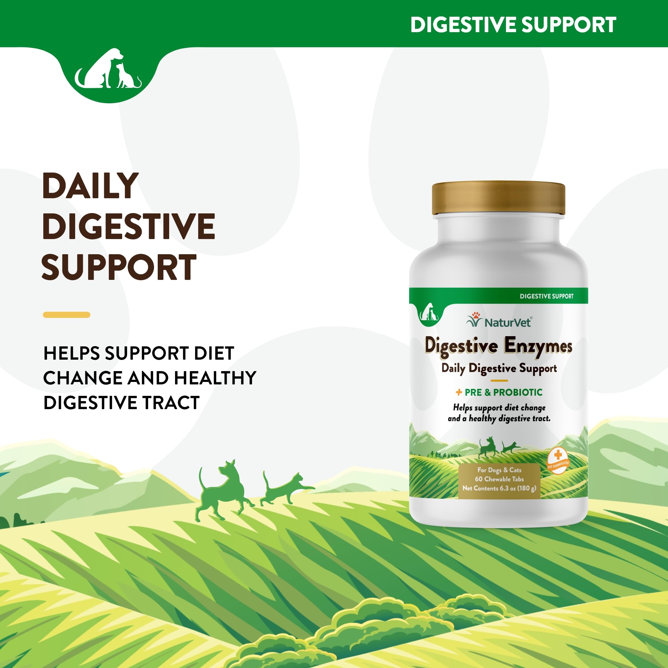 NaturVet label highlights full-spectrum enzymes and friendly bacteria for digestive harmony.