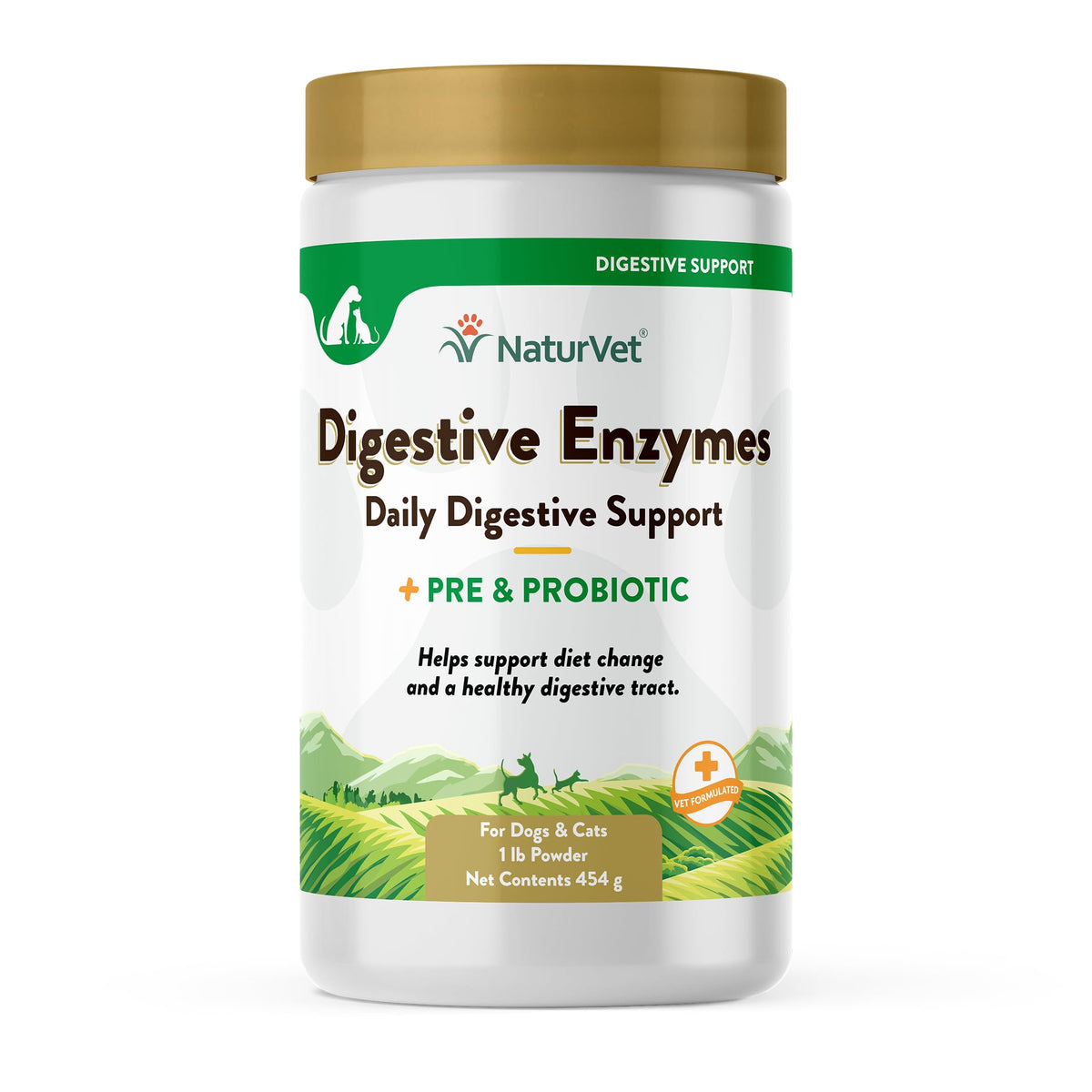 NaturVet Digestive Enzymes plus Probiotics powder bottle promoting gut support for dogs and cats