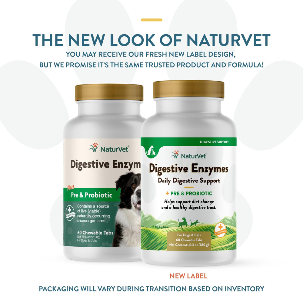 NaturVet Digestive Enzymes plus Probiotics tablets – easy daily chewables for dogs and cats.