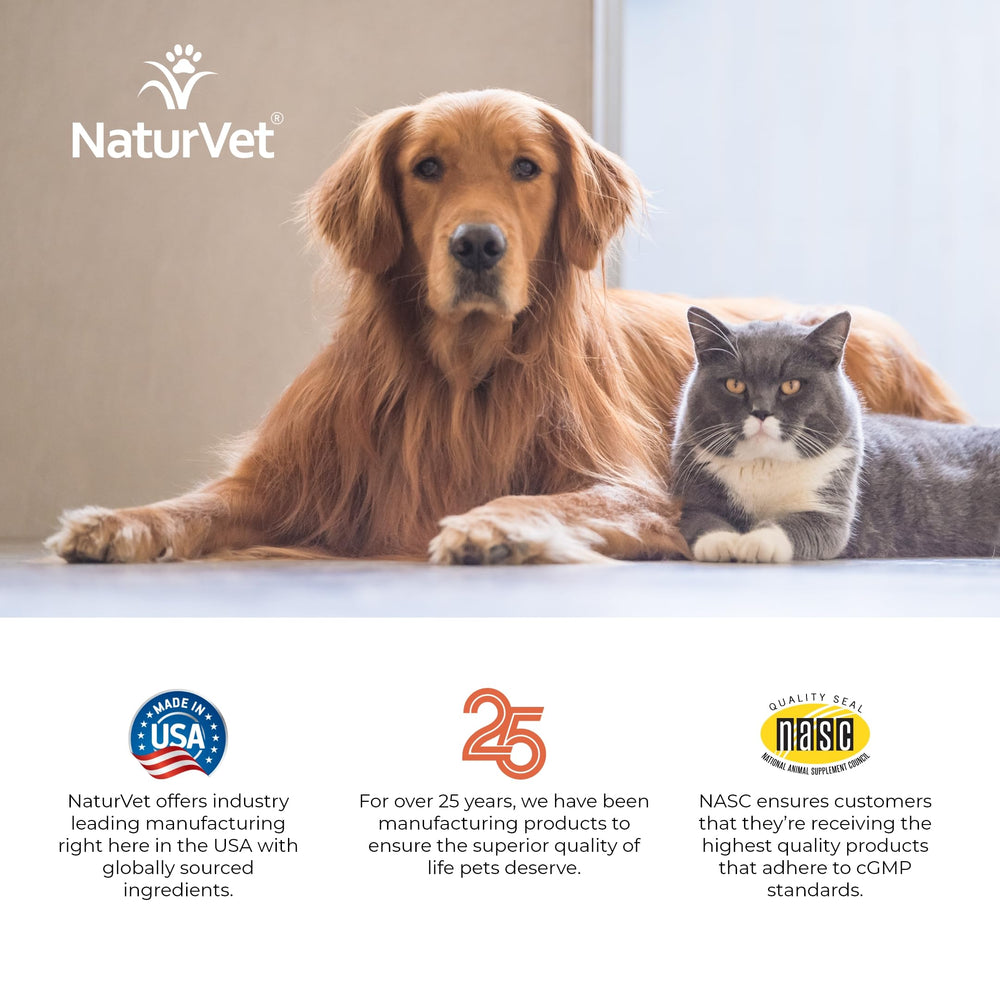 NaturVet powder beside pets in a calm scene suggests gentle gut comfort