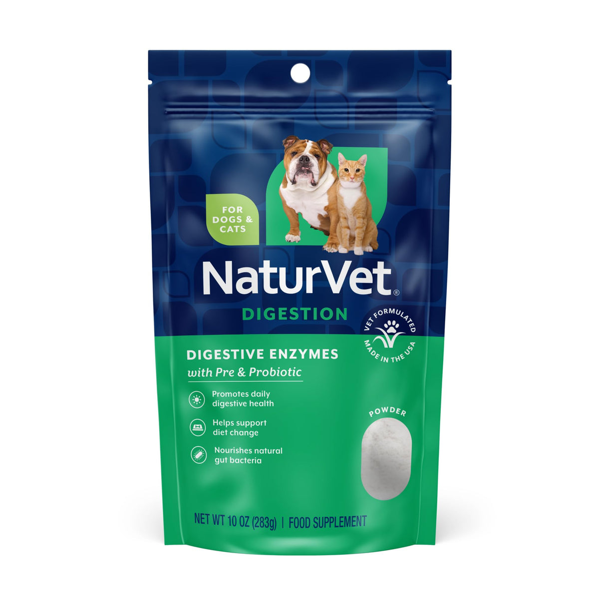 NaturVet digestive enzymes powder tub highlights easy daily dosing for pets