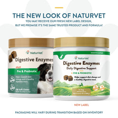 NaturVet Digestive Enzymes Plus Probiotics Soft Chews close-up label highlights probiotic blend benefits.