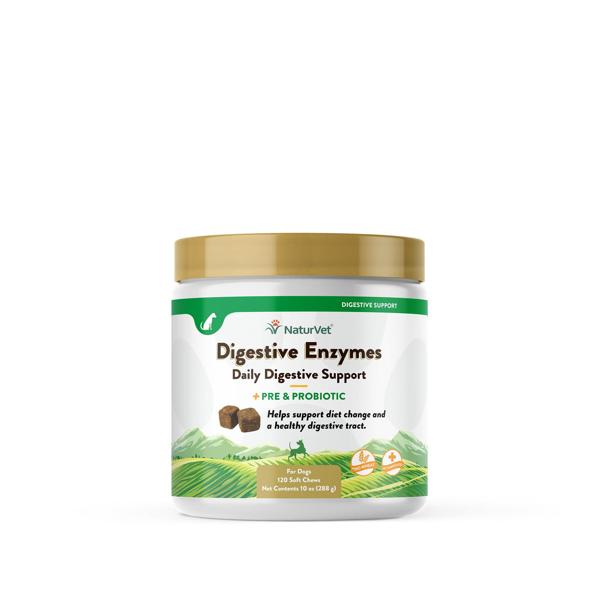 NaturVet Digestive Enzymes Plus Probiotics Soft Chews bottle front view supports digestive balance.