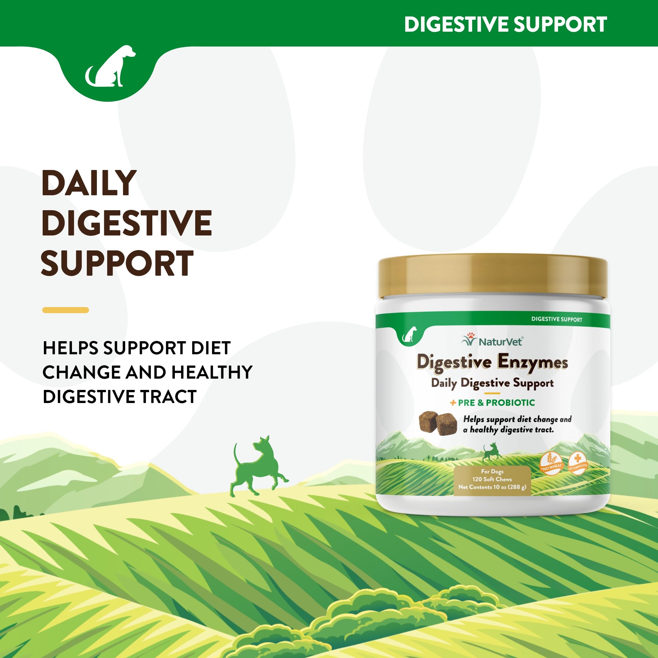 NaturVet Digestive Enzymes Plus Probiotics Soft Chews ingredients panel suggests enzyme and probiotic support.