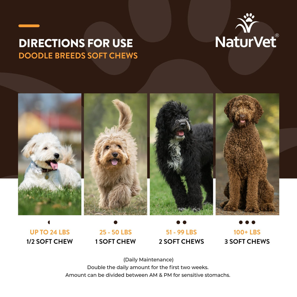 NaturVet Doodle Breeds PlaqueOff formula for dental care and fresh breath.