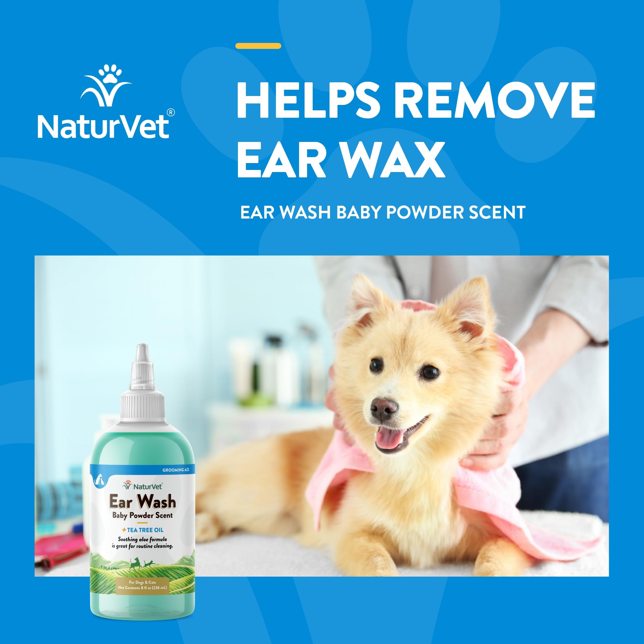 NaturVet ear wash label close-up with Aloe and Baby Powder scent