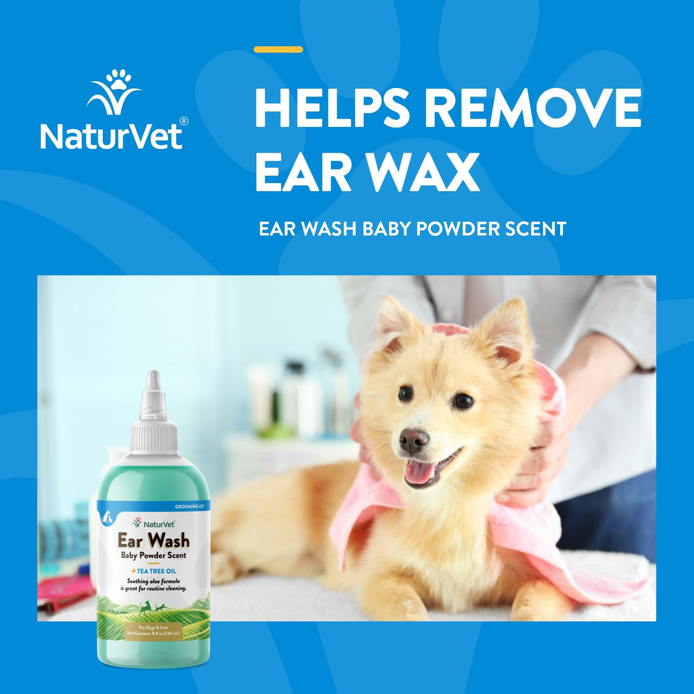 NaturVet ear wash label close-up with Aloe and Baby Powder scent