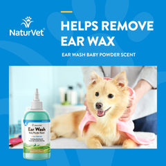NaturVet ear wash label close-up with Aloe and Baby Powder scent