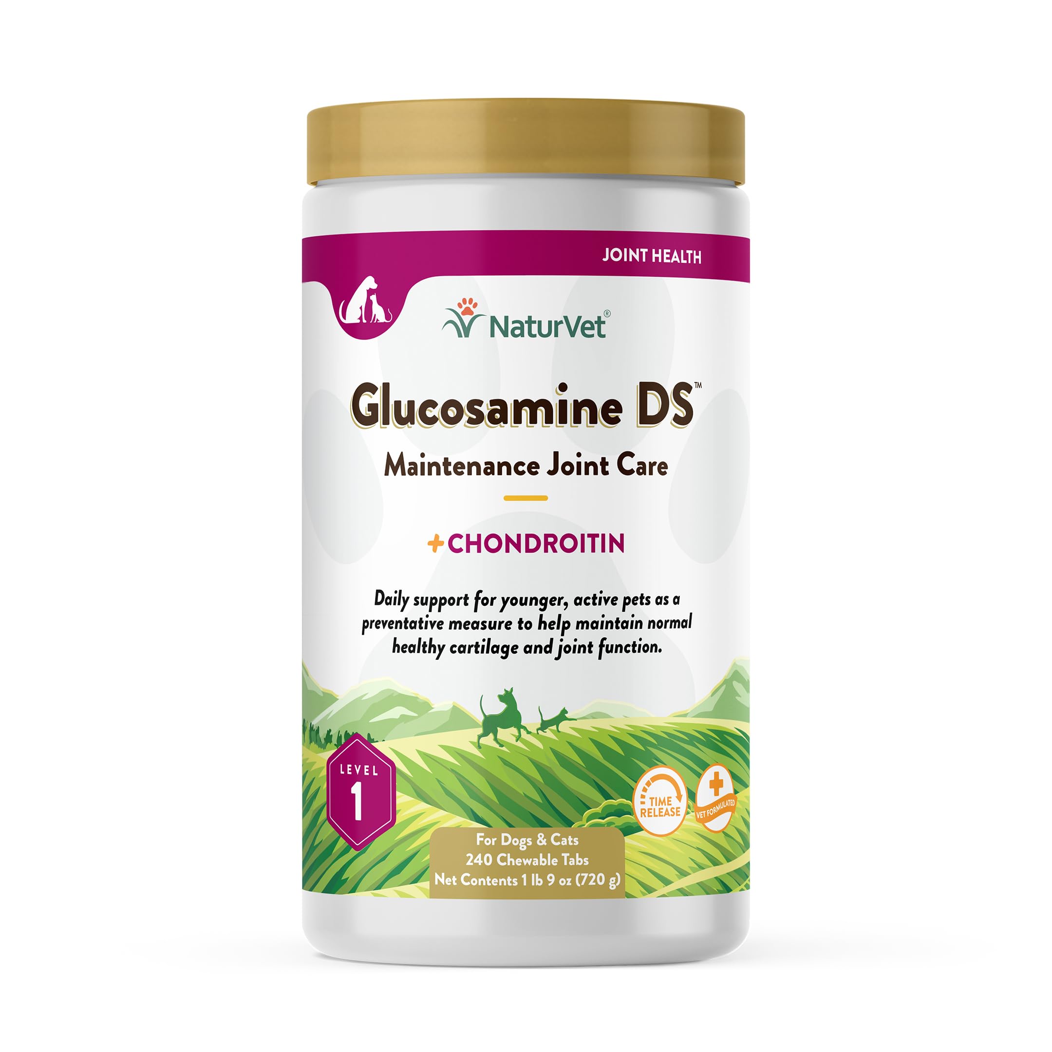 NaturVet Glucosamine DS Level 1 bottle with chews signals joint support for pets