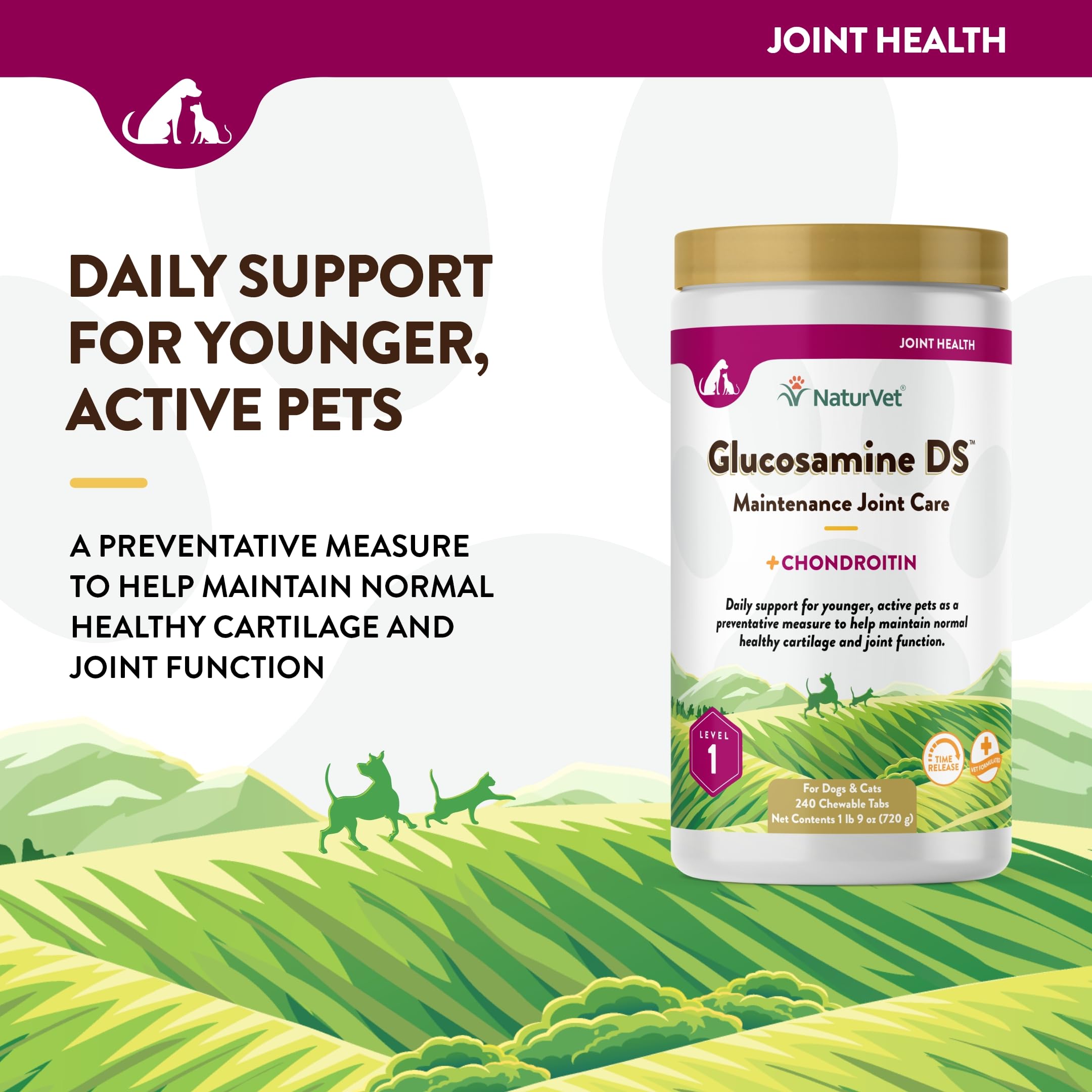 NaturVet Glucosamine DS Level 1 packaging label highlights cartilage health ingredients