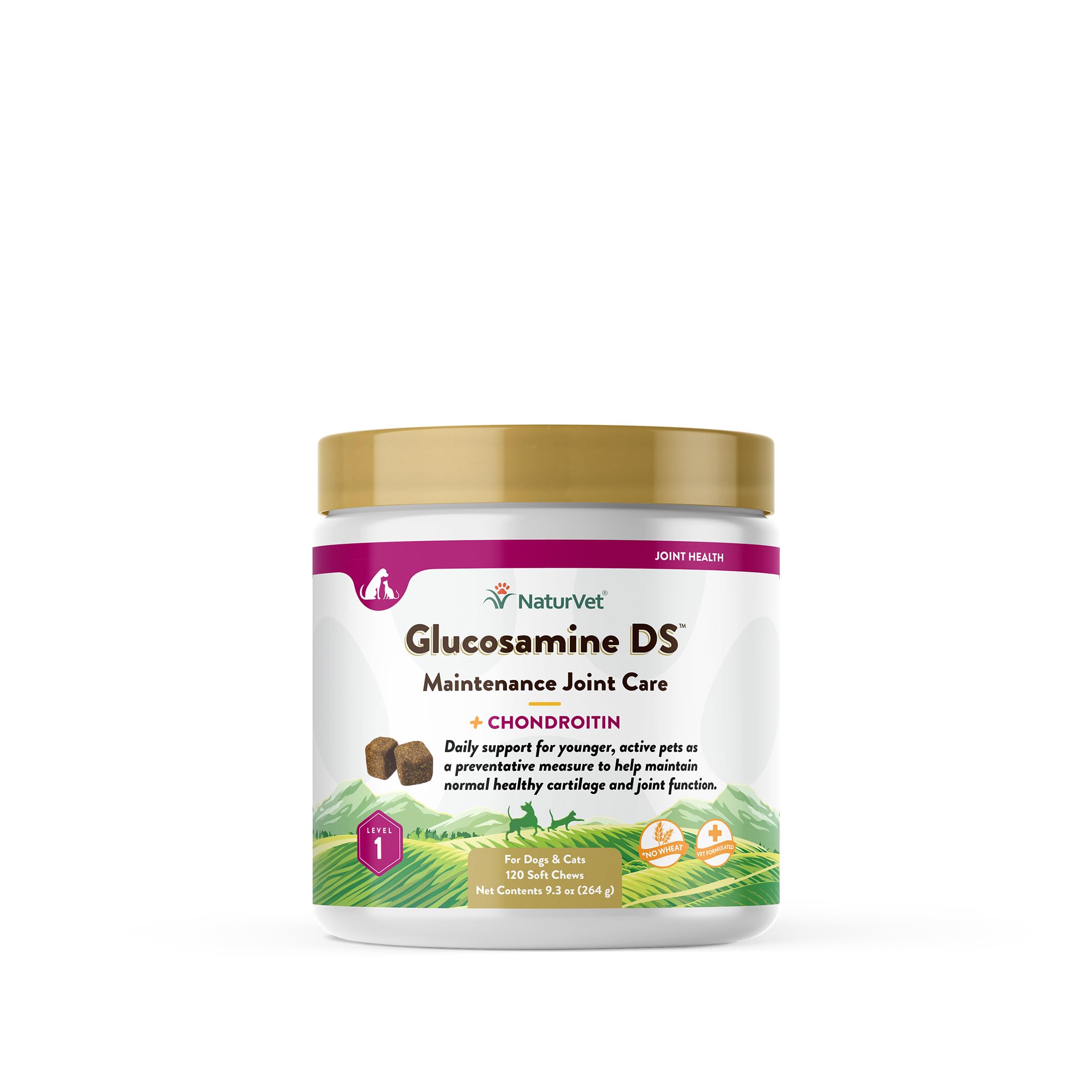 NaturVet Glucosamine DS Level 1 soft chews bottle shows convenient joint support for active pets